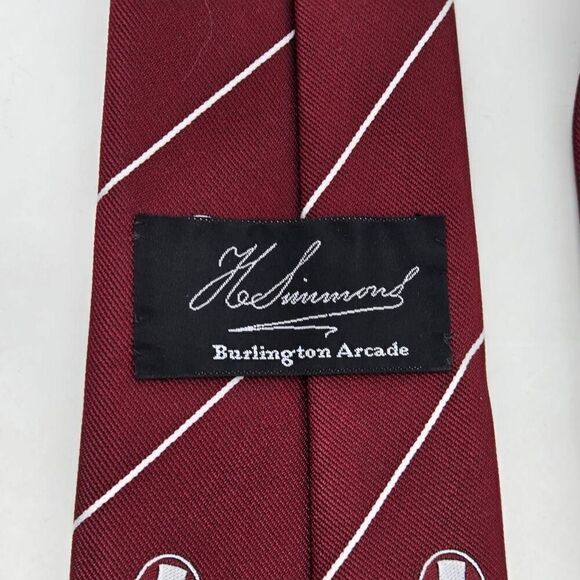 H SIMMONS BURLINGTON ARCADE SILK TIE BURGUNDY WHITE STRIPE PIPE LOGO 4" X 56" - Picture 3 of 3